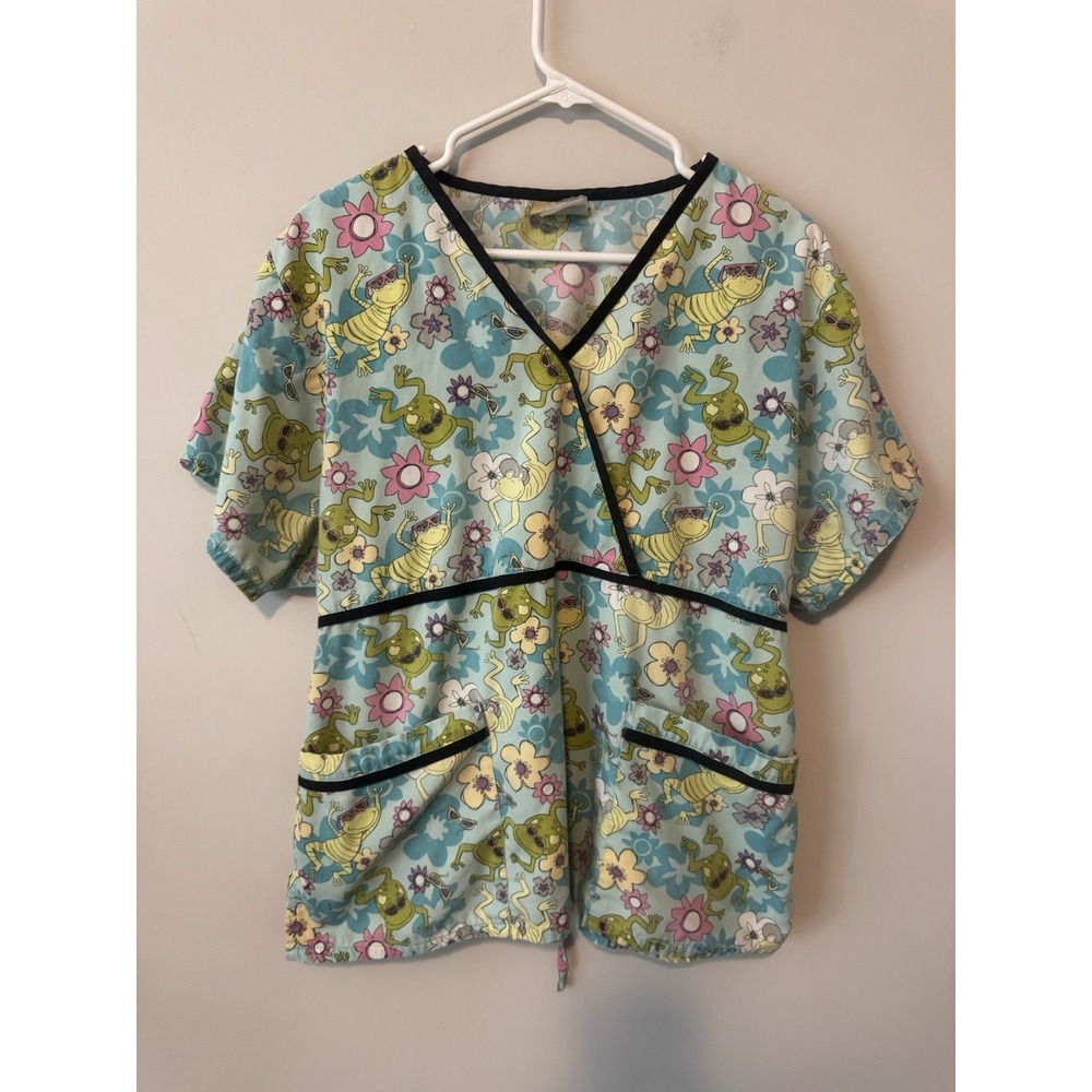 VTG Tafford V Neck Scrub With Tie 100% Cotton Light Blue Frog Flowers Size XL